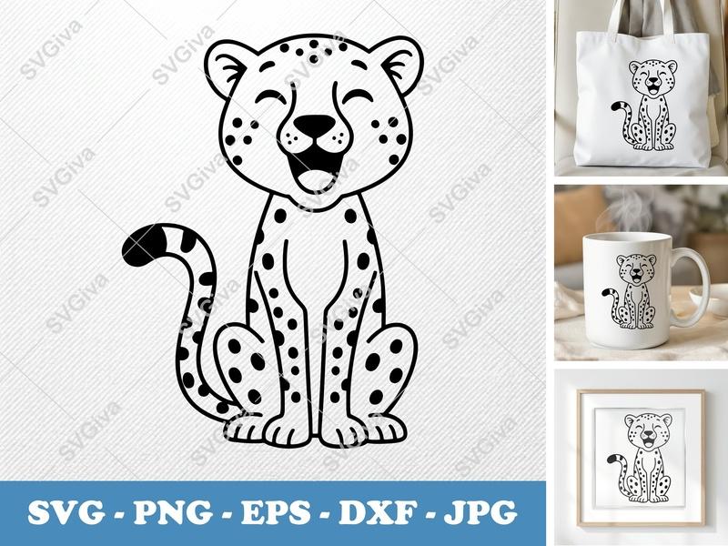 Cheetah SVG, Happy Smiling Animal Cut File, Modern Leopard Print, PNG EPS DXF | Cricut Silhouette Vector Art