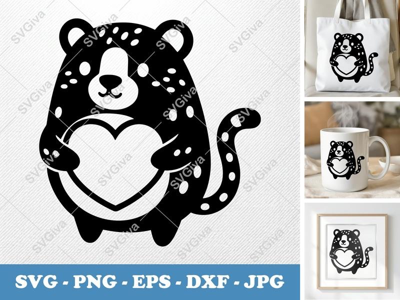 Cheetah SVG | Modern Cute Leopard with Heart | PNG EPS DXF | Cricut Silhouette Cut File, Animal Clipart Vector