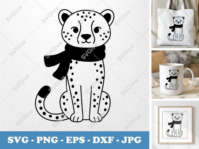 Cheetah SVG, Scarf Leopard Spotted Wild Cat Clipart, PNG EPS DXF | Cricut Silhouette Cut File, Animal Vector Art