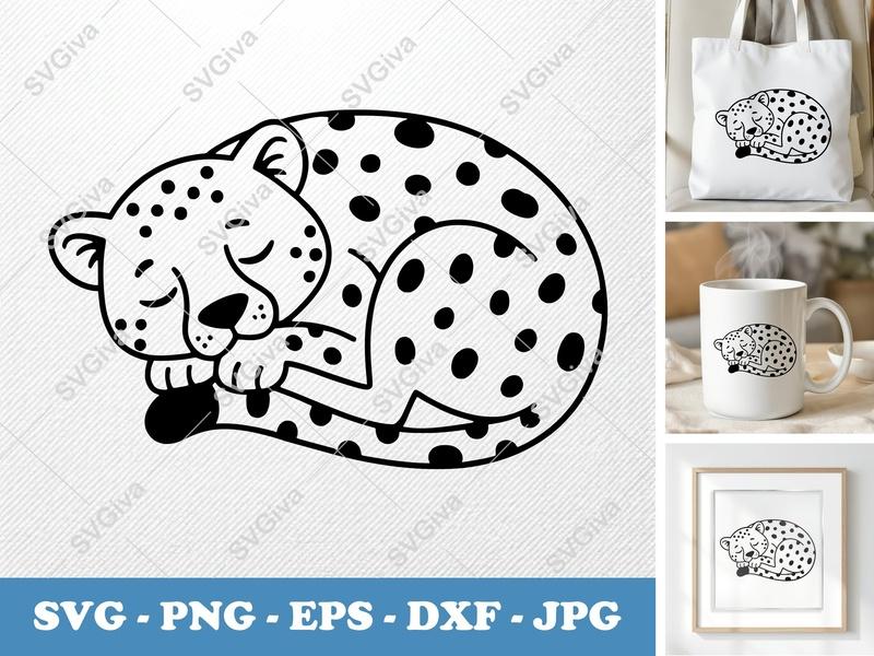 Cheetah SVG | Sleeping Leopard Cut File, Cartoon Safari Animal PNG EPS DXF for Cricut & Silhouette, Modern Kids Design