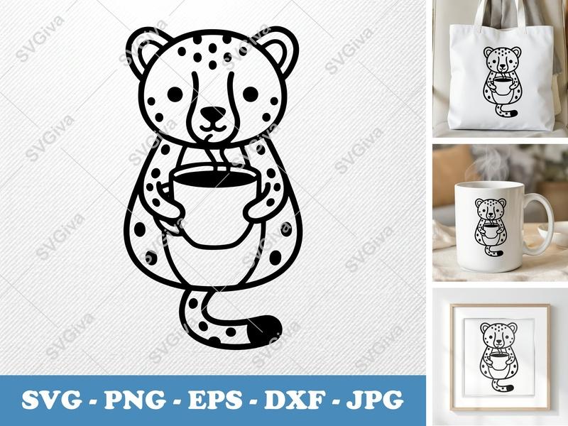 Cheetah SVG with Coffee Mug | Cute Animal PNG, EPS, DXF | Cricut & Silhouette Cut File
