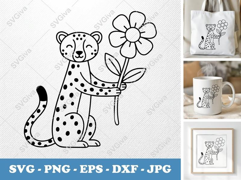 Cheetah SVG with Flower | Cute Animal Clipart, Modern Design | PNG, EPS, DXF for Cricut, Silhouette