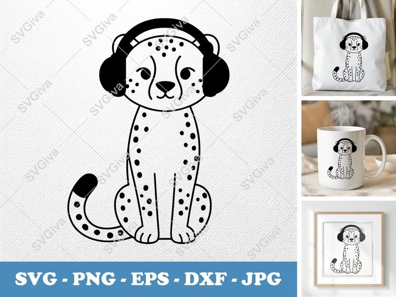 Cheetah SVG with Headphones | Modern Animal Design | PNG EPS DXF for Cricut, Silhouette