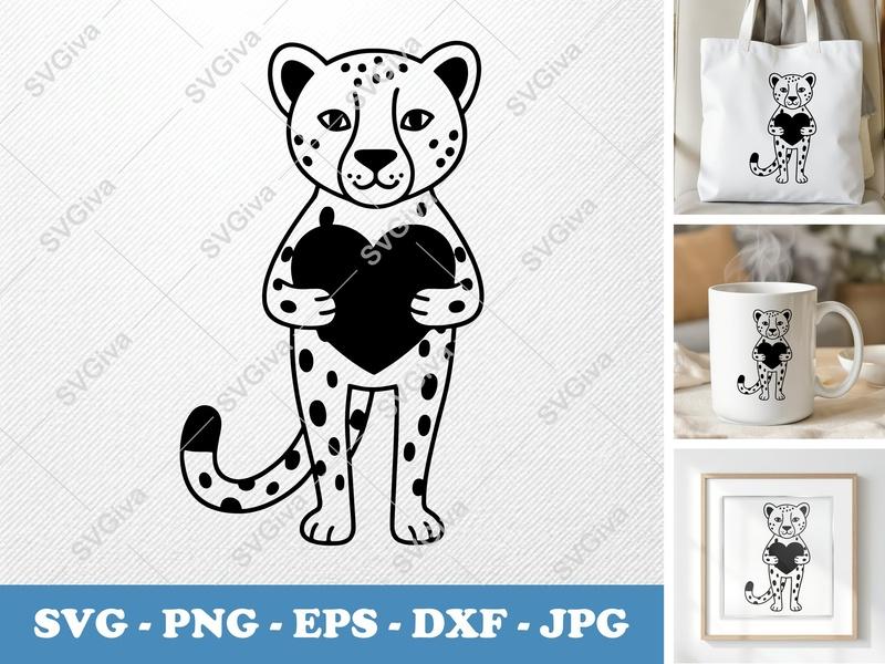 Cheetah SVG with Heart | Modern Outline Leopard Cut File, PNG EPS DXF | Cricut Silhouette Design | Animal Clipart | Love