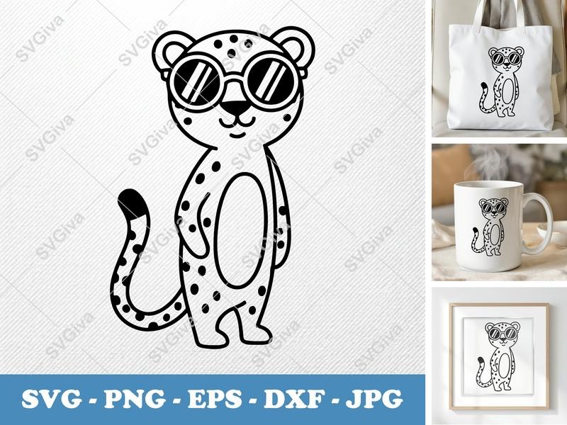 Cheetah SVG with Sunglasses | Modern Clean Line Art | PNG EPS DXF | Cricut Silhouette Cut File, Leopard Print Design