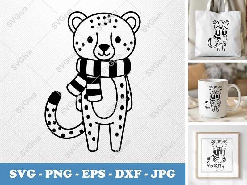 Cheetah wearing a scarf SVG | Friendly Bean-Shaped Rounded Body Cut File | PNG DXF EPS for Cricut Silhouette