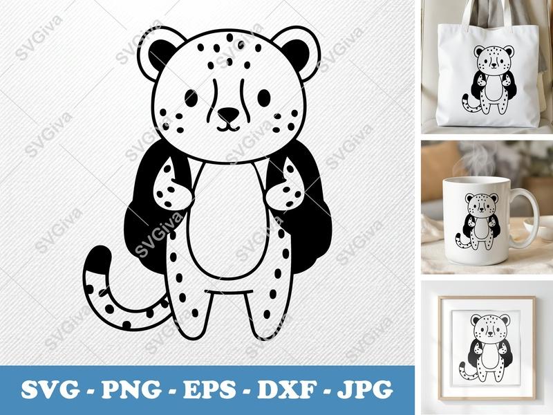 Cheetah Wearing Backpack SVG | Puffy Cartoon Style Cut File | PNG DXF EPS for Cricut Silhouette