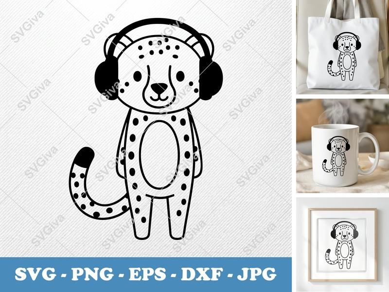 Cheetah Wearing Headphones SVG | Friendly Bean-Shaped Cut File | PNG DXF EPS | Cricut Silhouette Ready