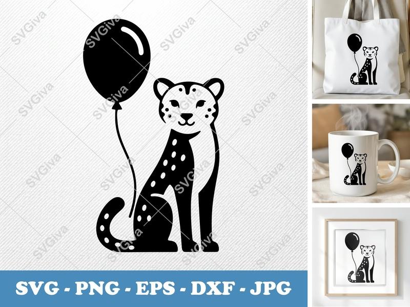 Cheetah with Balloon SVG | Puffy Pillow Soft Shapes | Cricut Silhouette | PNG DXF EPS
