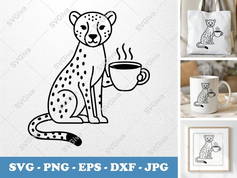 Cheetah with Coffee Cup SVG | Bold Contour, Simple Character Design | PNG DXF EPS | Cricut Silhouette File