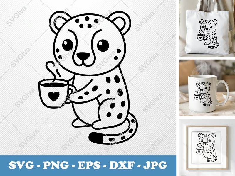 Cheetah with Coffee Cup SVG | Cute Rounded Friendly Bean | PNG DXF EPS | Cricut Silhouette Cut File