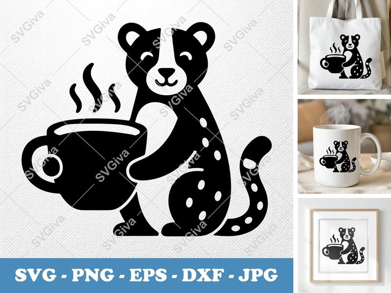 Cheetah with Coffee Cup SVG | Puffy Forms Design | PNG, DXF, EPS | Cricut Silhouette File