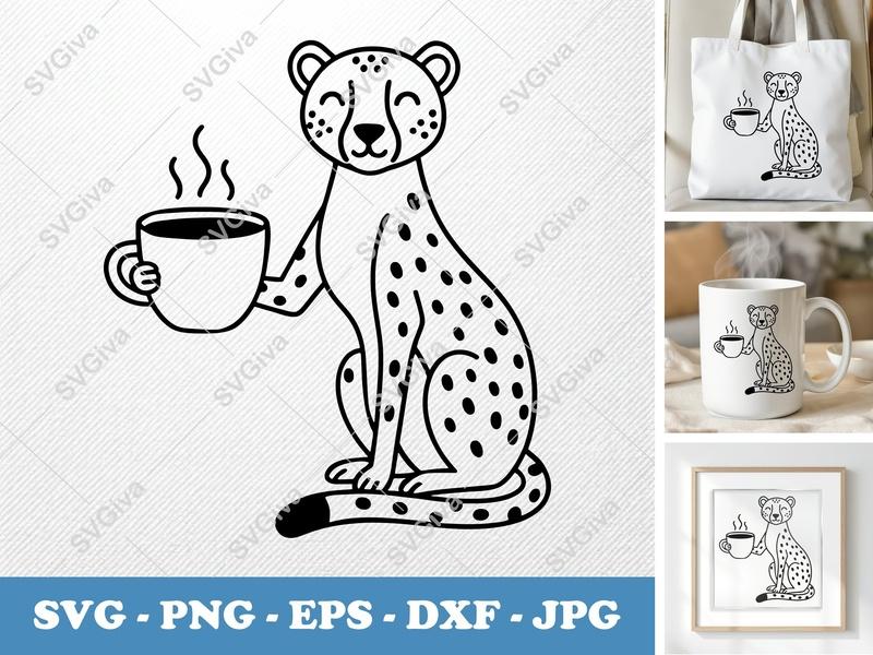 Cheetah with Coffee SVG | Cute Animal PNG, EPS, DXF | Cricut Silhouette Cut File, Modern Design, Mug Lover