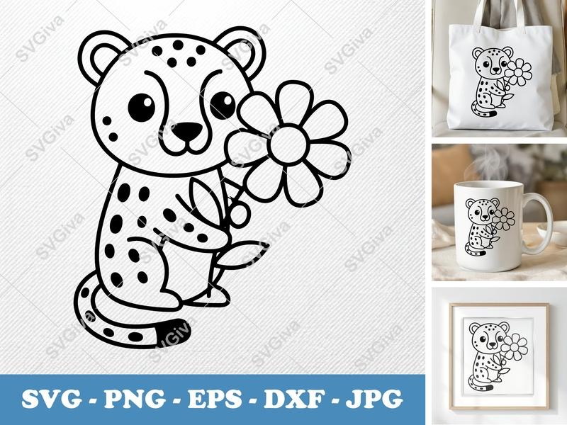 Cheetah with flower SVG, Friendly Rounded Body Bean-Shaped Cut File | PNG, DXF, EPS for Cricut & Silhouette