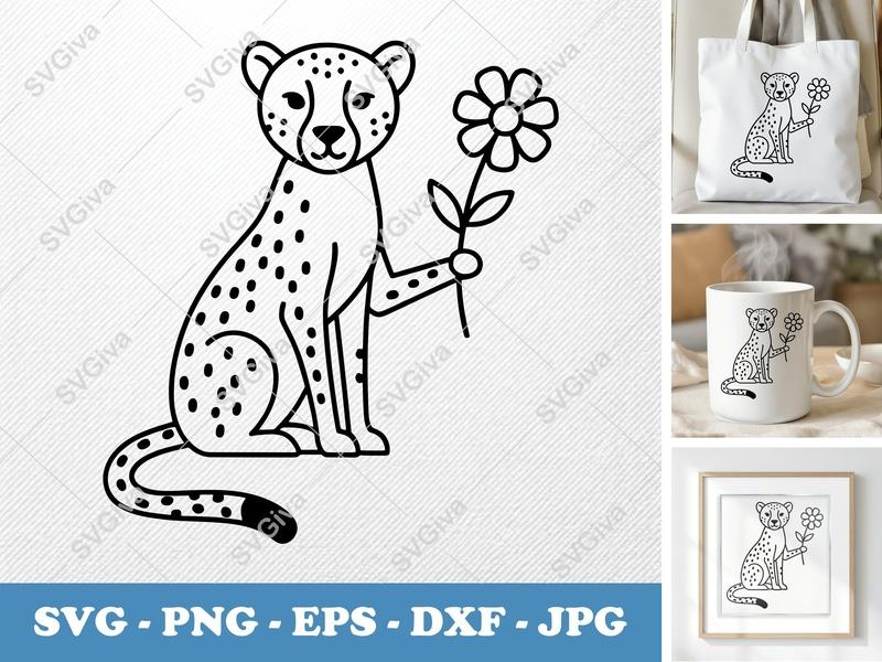 Cheetah with flower SVG | Minimalist Line Art | Bold Contour Design | PNG DXF EPS | Cricut Silhouette File