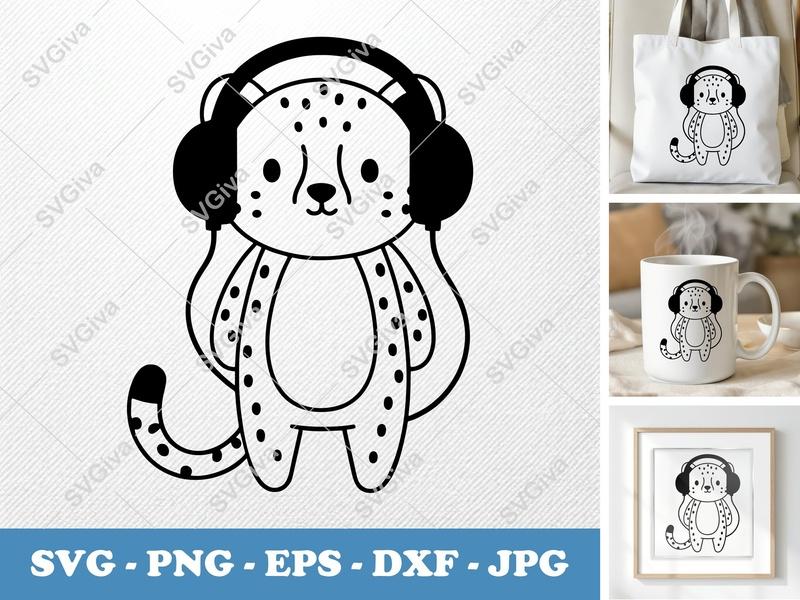 Cheetah with Headphones SVG, Animal Clipart, Cute Cheetah PNG EPS DXF for Cricut | Silhouette Cut File, Modern Design