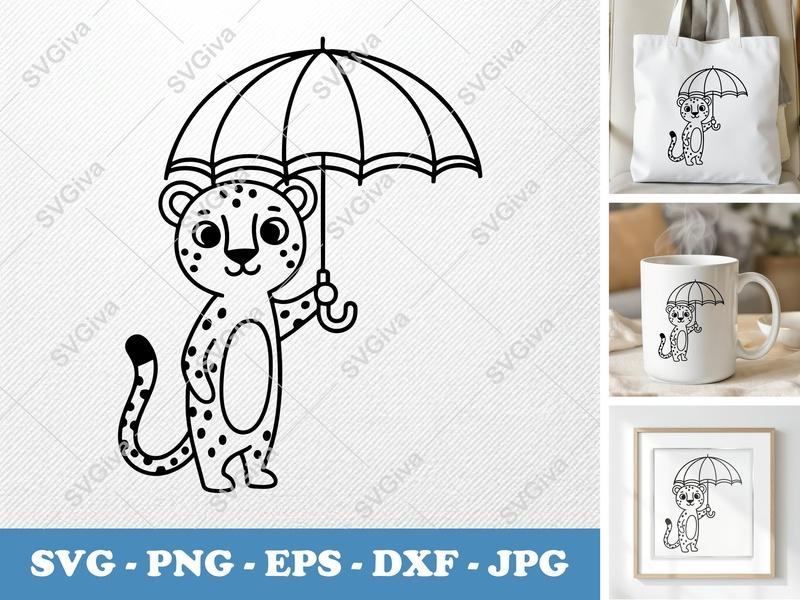 Cheetah with Umbrella SVG, Cute Cartoon Safari Animal PNG, EPS, DXF | Cricut & Silhouette Cut File, Kids Craft Design