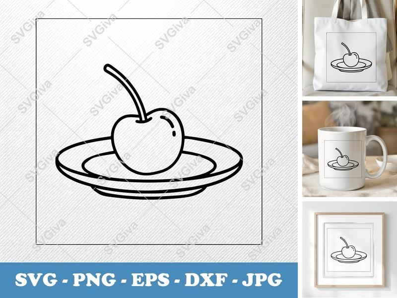 Cherry on a Plate SVG | Minimalist Bold Outline Cut File | PNG DXF EPS | Cricut Silhouette Kitchen Fruit
