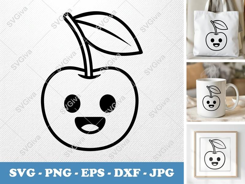 Cherry with Smiling Face SVG PNG DXF EPS | Fruit Cut File Cricut Silhouette Kawaii Food Vector