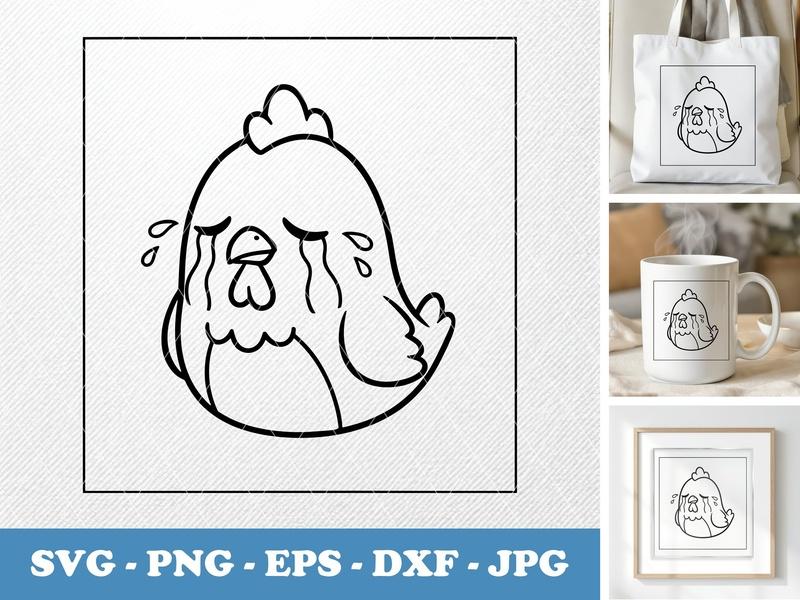 Chicken Crying Cartoon SVG, Simple Outline Cut File, Farm Animal Clipart, Cricut Design, Silhouette, PNG DXF EPS Vector