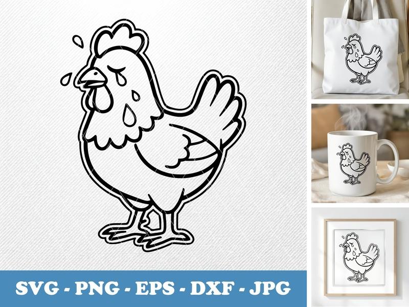 Chicken crying Double-Outline SVG, Cute Farm Animal Cut File, Cricut Design, Svg Files, PNG EPS DXF Clipart Vector