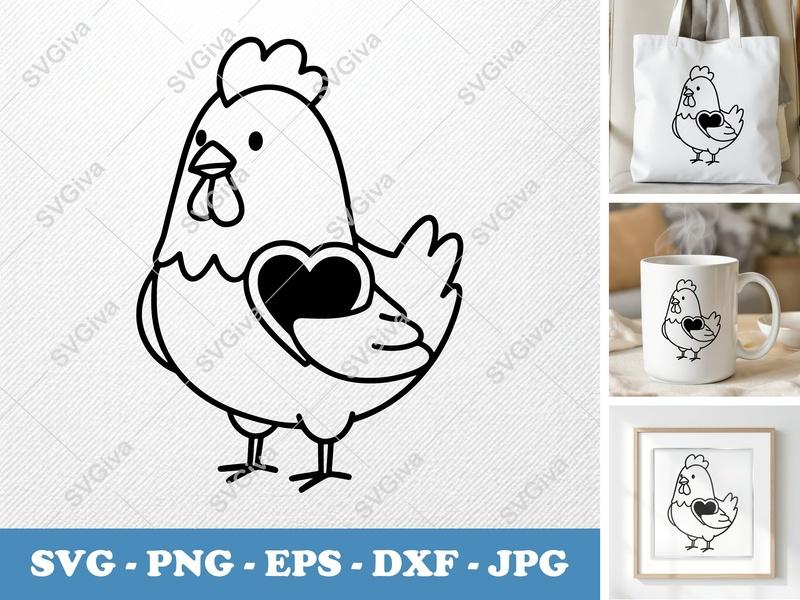 Chicken Holding Heart SVG | Double-Outline Minimalist Cut File | Thick Contour Thin Lines | PNG DXF EPS | Cricut Silhouette Farm Animal