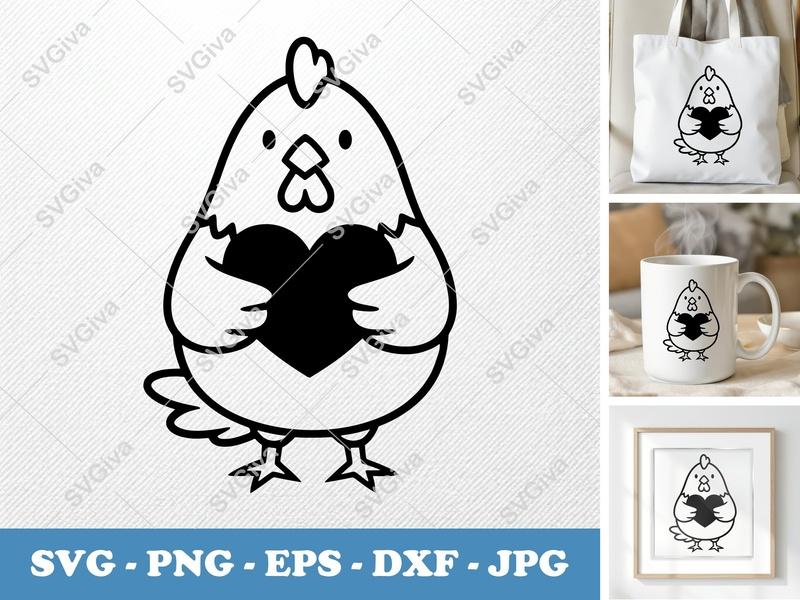 Chicken Holding Heart SVG | Minimalist Character Design | Bold Outline White Fill | PNG DXF EPS | Cricut Silhouette File