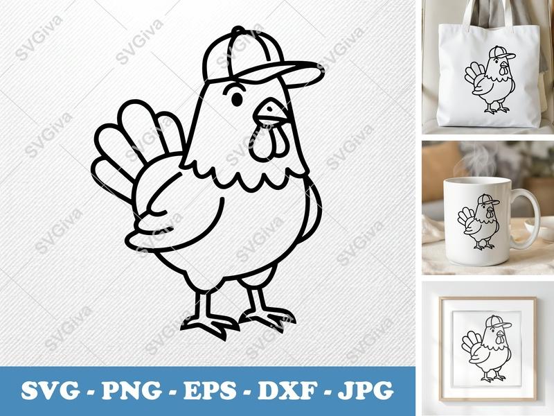 Chicken in a Cap SVG | Double-Outline Minimalist Cut File | Thick Contour & Thin Lines | PNG DXF EPS | Cricut Silhouette Design