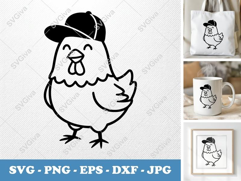 Chicken in a Cap SVG | Minimalist Cartoon Cut File | Bold Contour Design | PNG DXF EPS | Cricut Silhouette
