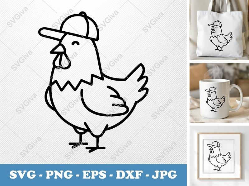 Chicken in a Cap SVG | Minimalist Line Art | Thick Outline Thin Lines | PNG DXF EPS | Cricut Silhouette