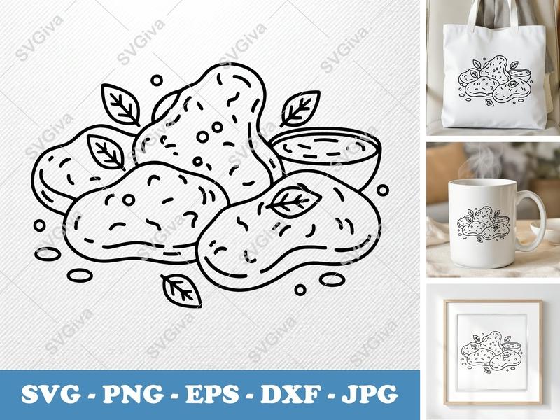 Chicken Nuggets SVG, Modern Clean Outline with Sauce & Leaves | PNG EPS DXF for Cricut & Silhouette, Fast Food Cut File
