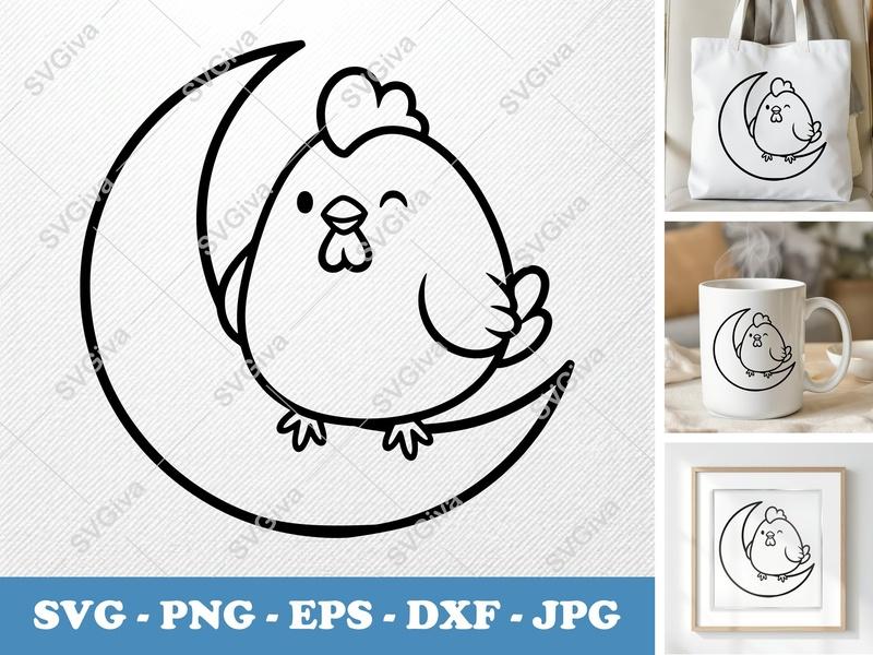 Chicken on Moon SVG PNG DXF EPS | Farm Animal Cut File for Cricut Silhouette | Cute Bird Vector
