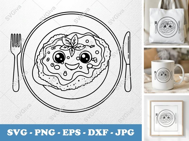 Chicken Parmesan with Smiling Face SVG PNG DXF EPS | Kawaii Food Cut File for Cricut Silhouette