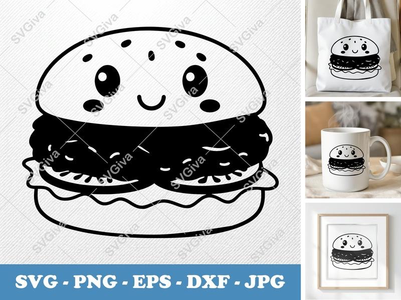 Chicken Sandwich Kawaii SVG | Cute Burger PNG EPS DXF | Fast Food Cricut Silhouette Cut File | Modern Kitchen Clipart