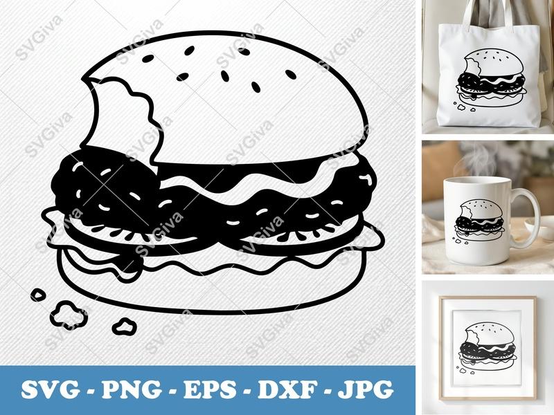 Chicken Sandwich SVG | Bitten Fast Food Outline | Modern Clean Design | PNG EPS DXF for Cricut & Silhouette
