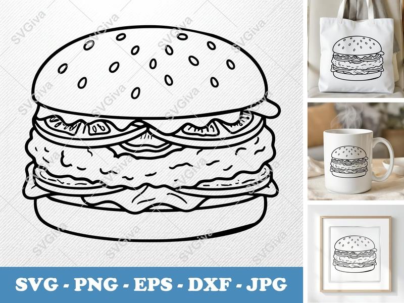 Chicken Sandwich SVG | Friendly Rounded Cartoon Design | PNG DXF EPS | Cricut Silhouette Kitchen Clipart