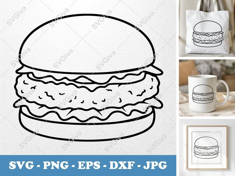 Chicken Sandwich SVG | Minimalist Food Vector Art, Bold Contour PNG DXF EPS for Cricut & Silhouette