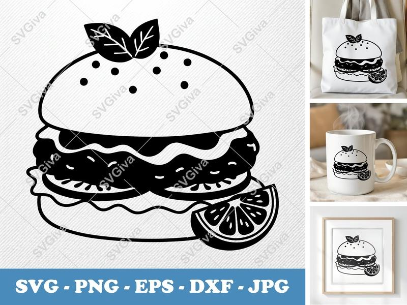 Chicken Sandwich SVG | Modern Fast Food Design with Lemon Slice | PNG EPS DXF for Cricut & Silhouette | Restaurant Clipart
