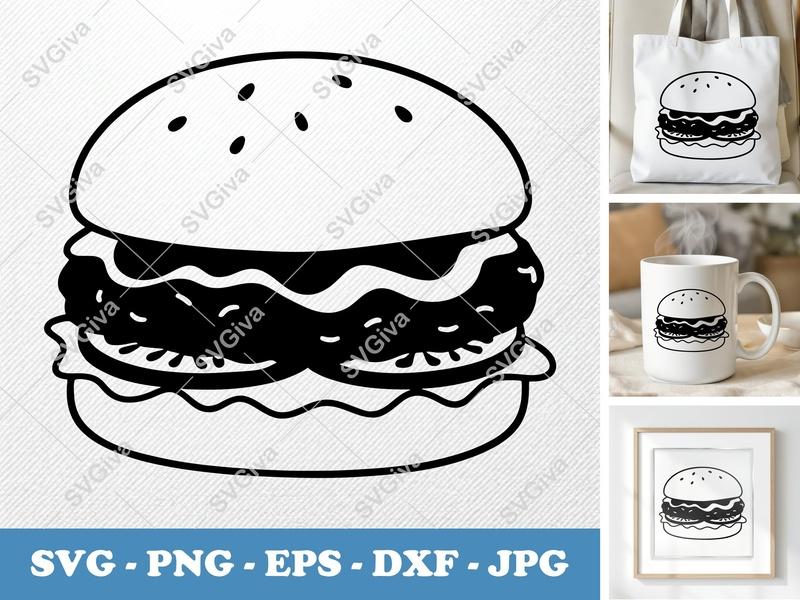 Chicken Sandwich SVG, Modern Fast Food PNG EPS DXF for Cricut | Silhouette, Burger Clipart, Fried Chicken Cut File
