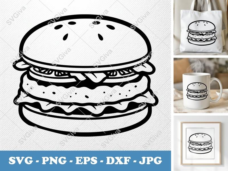 Chicken Sandwich SVG | Modern Fast Food Vector, Line Art Burger Design | PNG EPS DXF for Cricut, Silhouette, Cutting Machines