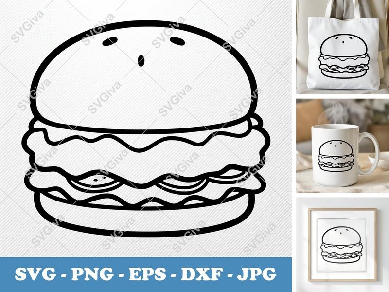 Chicken Sandwich SVG, Modern Outline Fast Food Clipart | PNG EPS DXF for Cricut & Silhouette, Digital Cut File