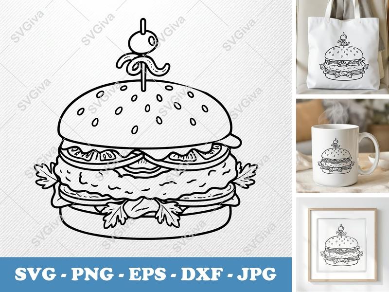Chicken Sandwich with Garnish SVG | Friendly Bean-Shaped Cut File | PNG DXF EPS for Cricut Silhouette