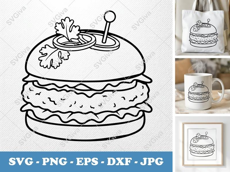 Chicken Sandwich with Garnish SVG | Minimalist Contour Design | PNG DXF EPS | Cricut Silhouette File