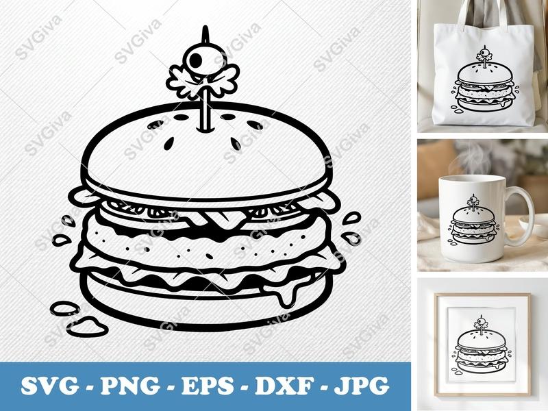 Chicken Sandwich with Garnish SVG PNG DXF EPS Cut File for Cricut Silhouette