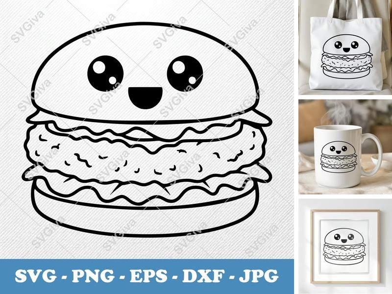 Chicken Sandwich with Smiling Face SVG | Bold Outline Minimalist Design | PNG DXF EPS | Cricut Silhouette File