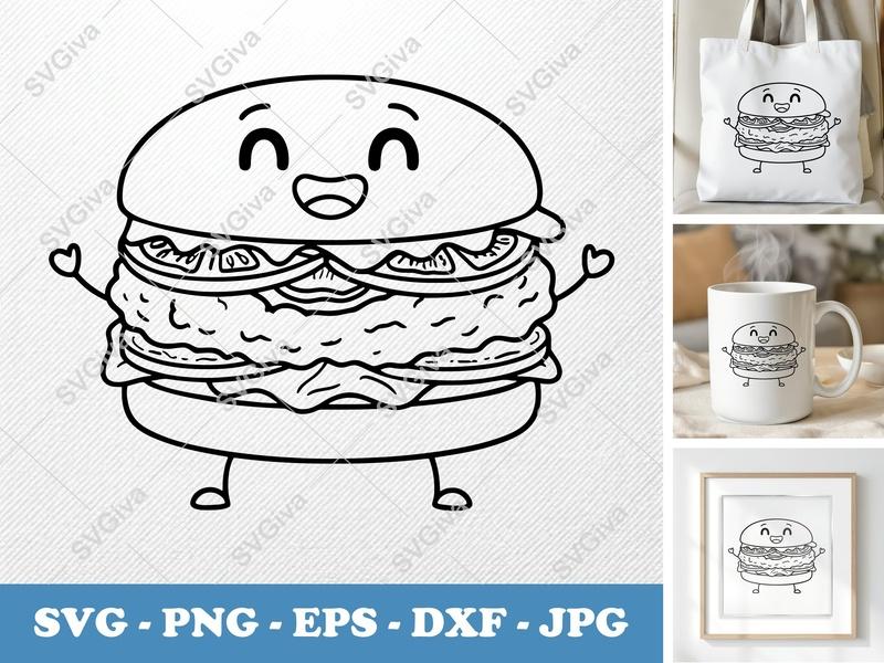 Chicken Sandwich with Smiling Face SVG | Friendly Bean-Shaped Design | PNG DXF EPS | Cricut Silhouette File