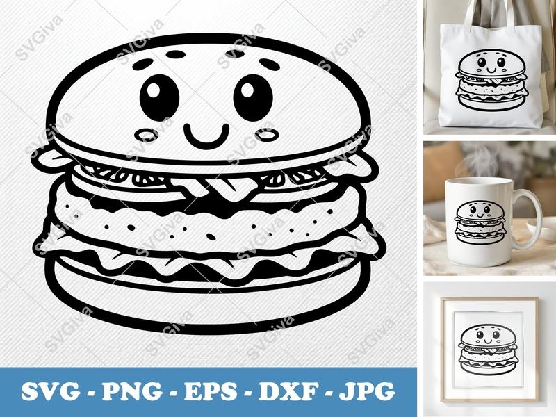 Chicken Sandwich with Smiling Face SVG PNG DXF EPS | Fast Food Cut File Cricut Silhouette