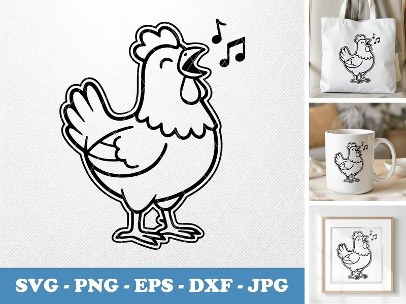 Chicken singing Double-Outline SVG, Farm Animal Svg, Singing Hen Cut File, Cricut Silhouette Svg, Clipart Png Eps Dxf Vector