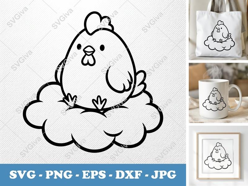 Chicken Sitting on a Cloud SVG PNG DXF EPS | Cricut Silhouette Cut File Vector