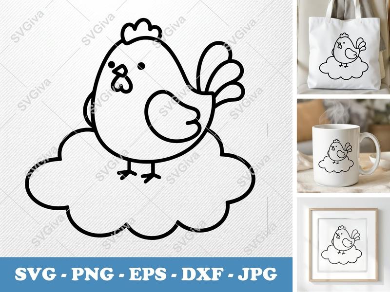 Chicken Sitting on Cloud SVG PNG DXF EPS | Cricut Silhouette Cut File
